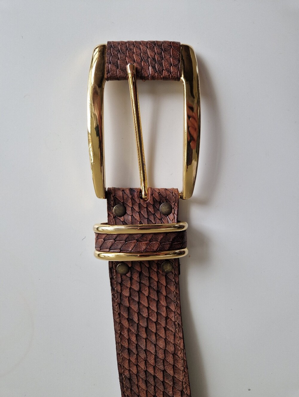 Brown Textured Leather Belt with Gold Buckle